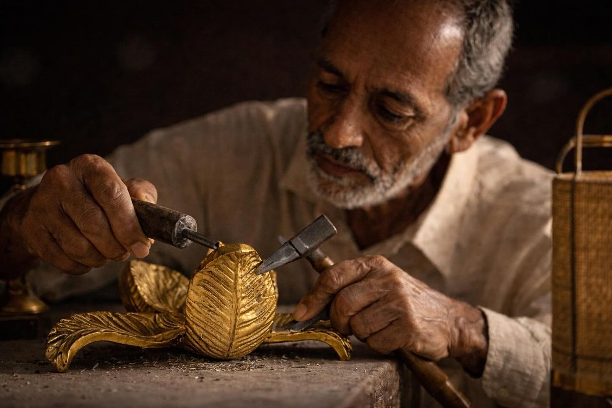 An artisan inspecting a handcrafted ceramic bowl in a workshop