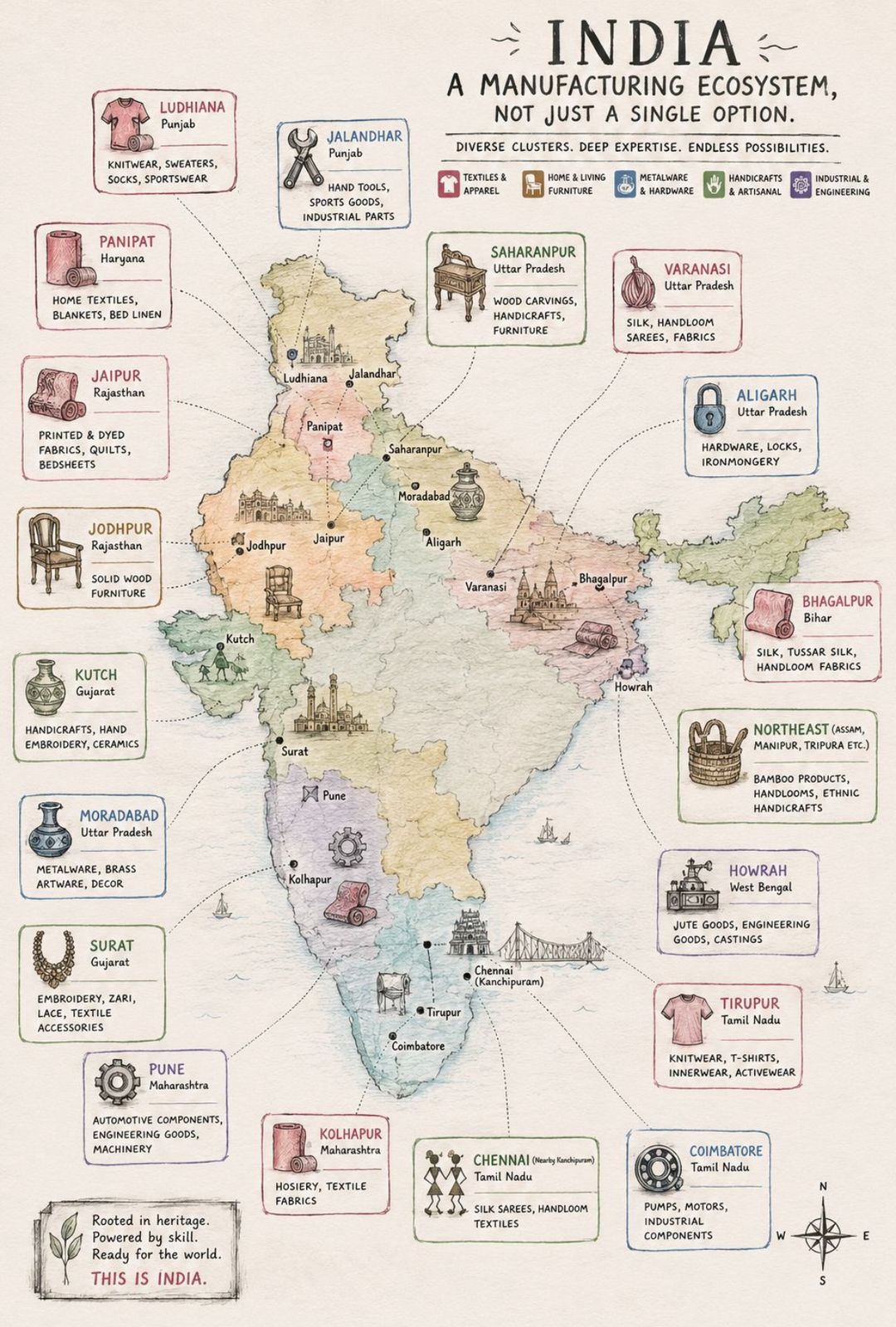 Illustrated map of India showing manufacturing clusters: Ludhiana knitwear, Panipat home textiles, Jaipur printed fabrics, Jodhpur solid wood furniture, Moradabad metalware, Saharanpur wood carvings, Varanasi silk, Aligarh hardware, Bhagalpur silk, Surat embroidery, Kutch handicrafts, Pune engineering, Kolhapur hosiery, Chennai silk sarees, Tirupur knitwear, Coimbatore industrial components, Howrah jute goods, and Northeast bamboo products